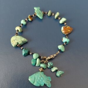 Turquoise Beaded Bracelet with Fish And Bear Charms